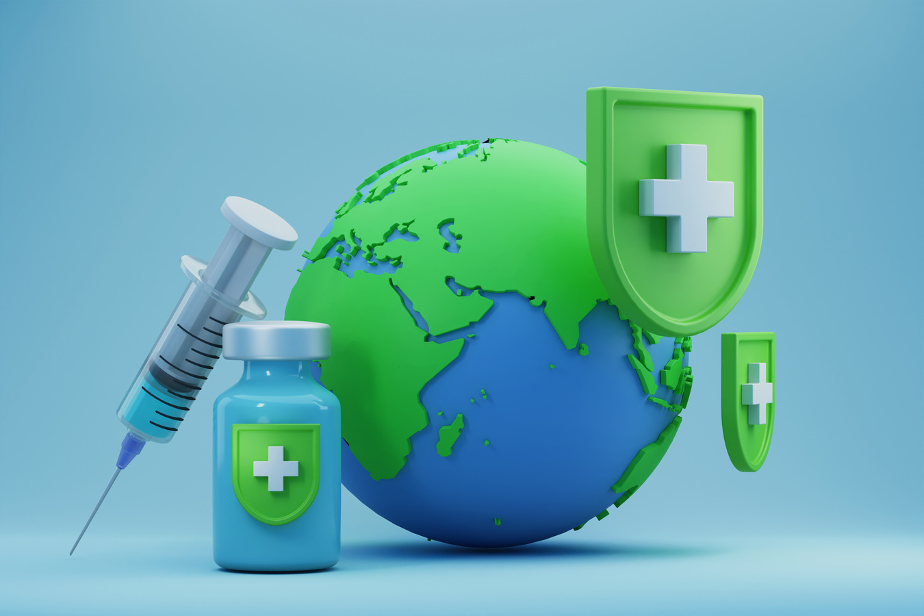 3d rendering creative concept illustration of earth world get immune protection and shield by bottle of vaccine and medical injection syringe from corona virus disease